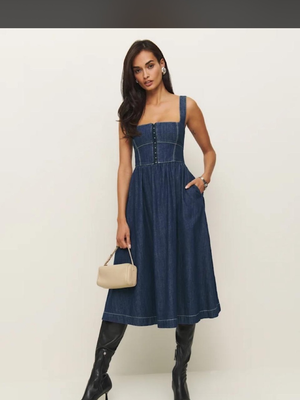 Reformation Dark Blue Denim Midi Dress with Button Bodice